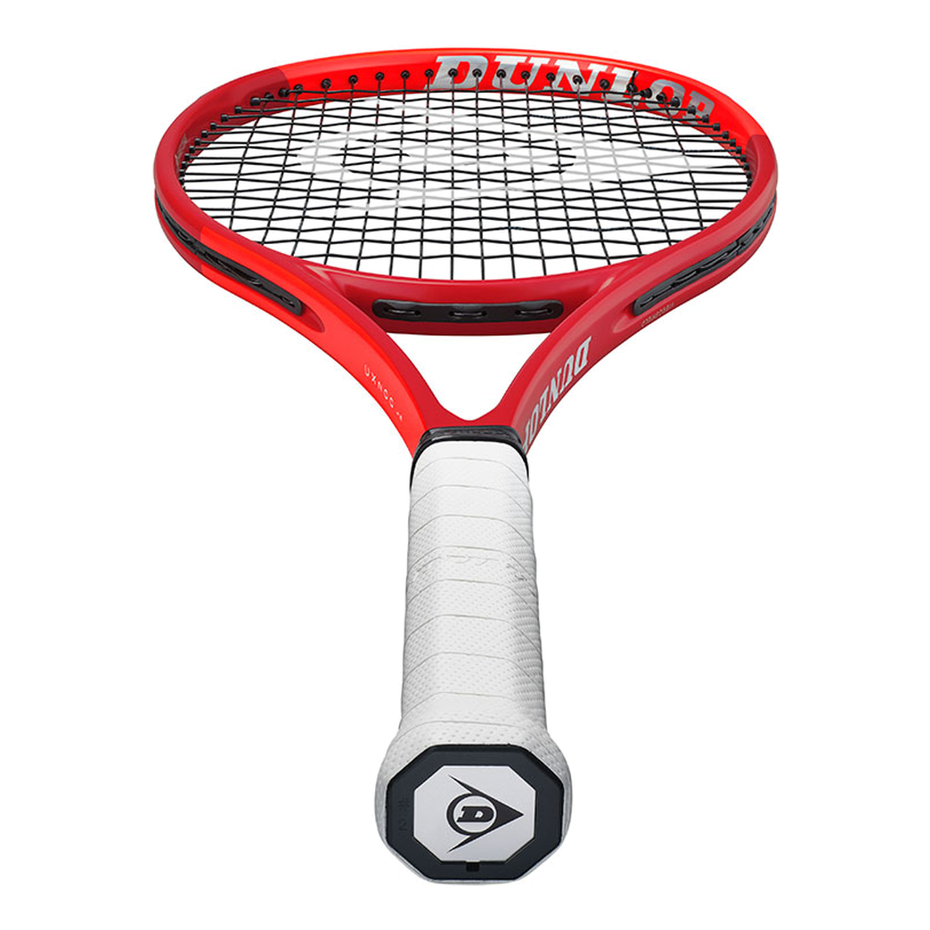 DUNLOP 2027 CX200 LS Red/Neon Red tennis racquet — butt cap and string bed detail