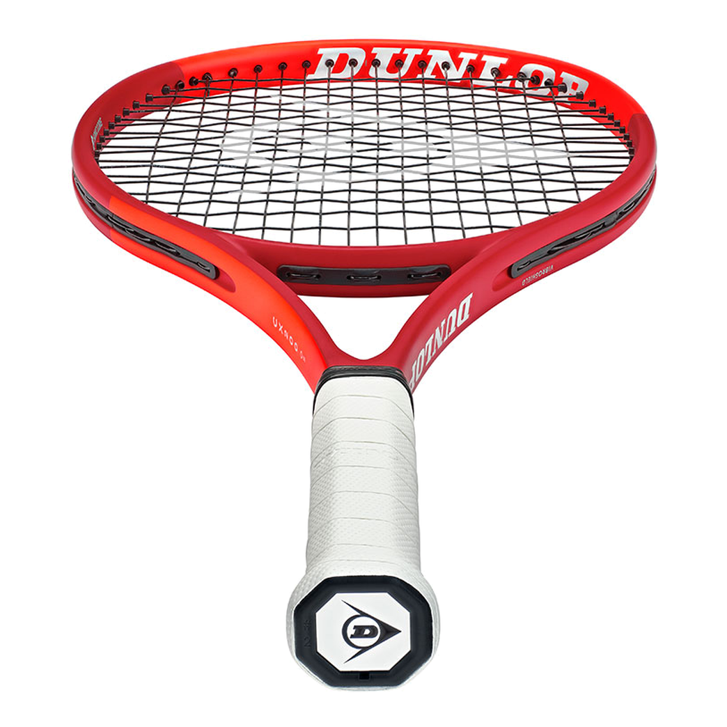 DUNLOP 2027 CX200 OS Red/Neon Red tennis racquet — butt cap and string bed detail