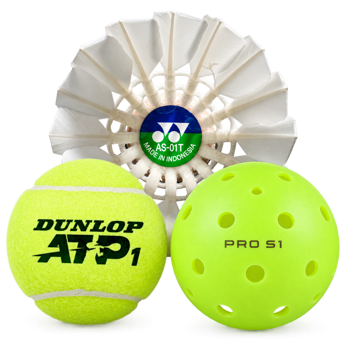 Badminton shuttlecock, tennis ball and pickleball