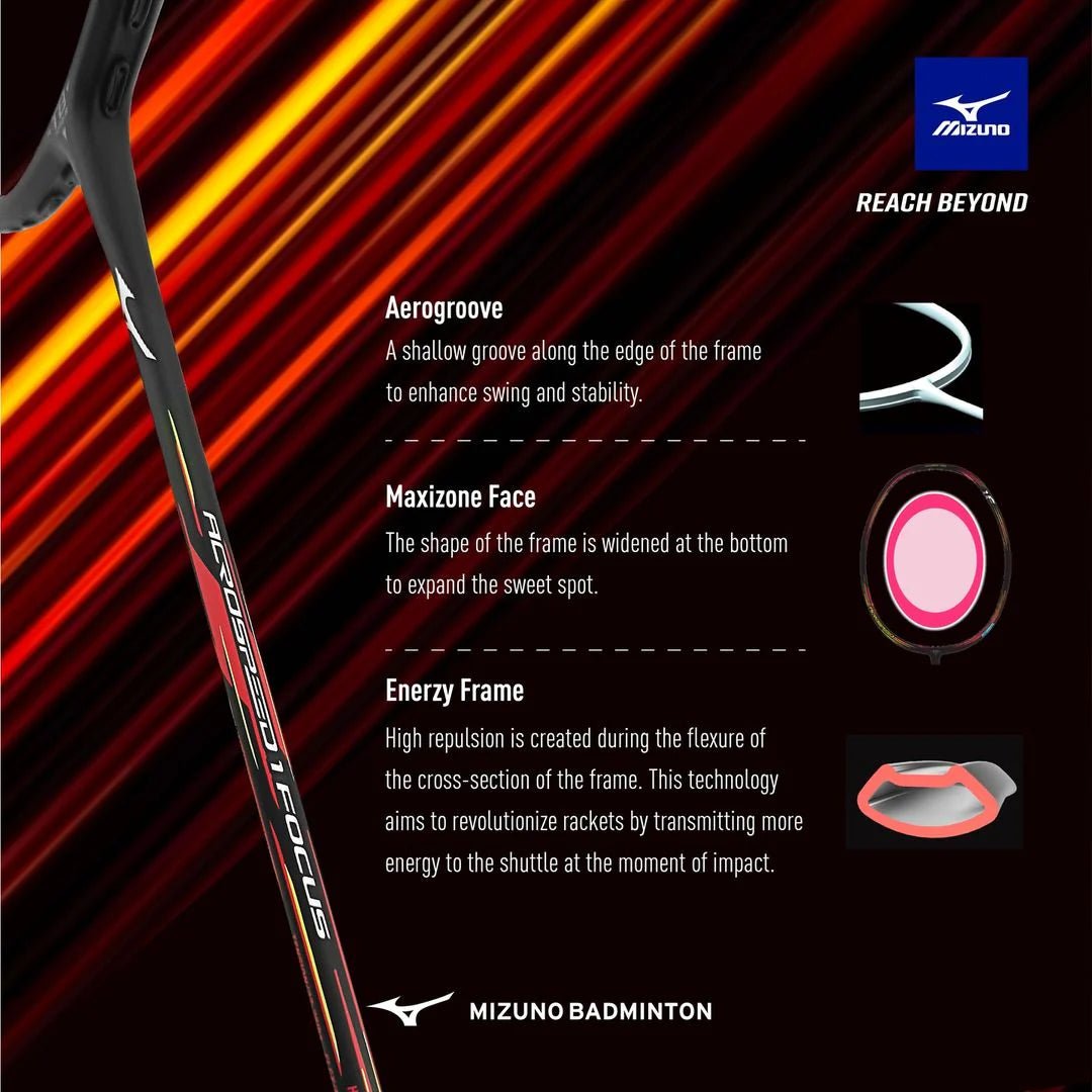MIZUNO ACROSPEED 1 FOCUS (Black/Red) 4U/G6 Badminton Racquet – Unstrung & Free Grip - Gem Sports