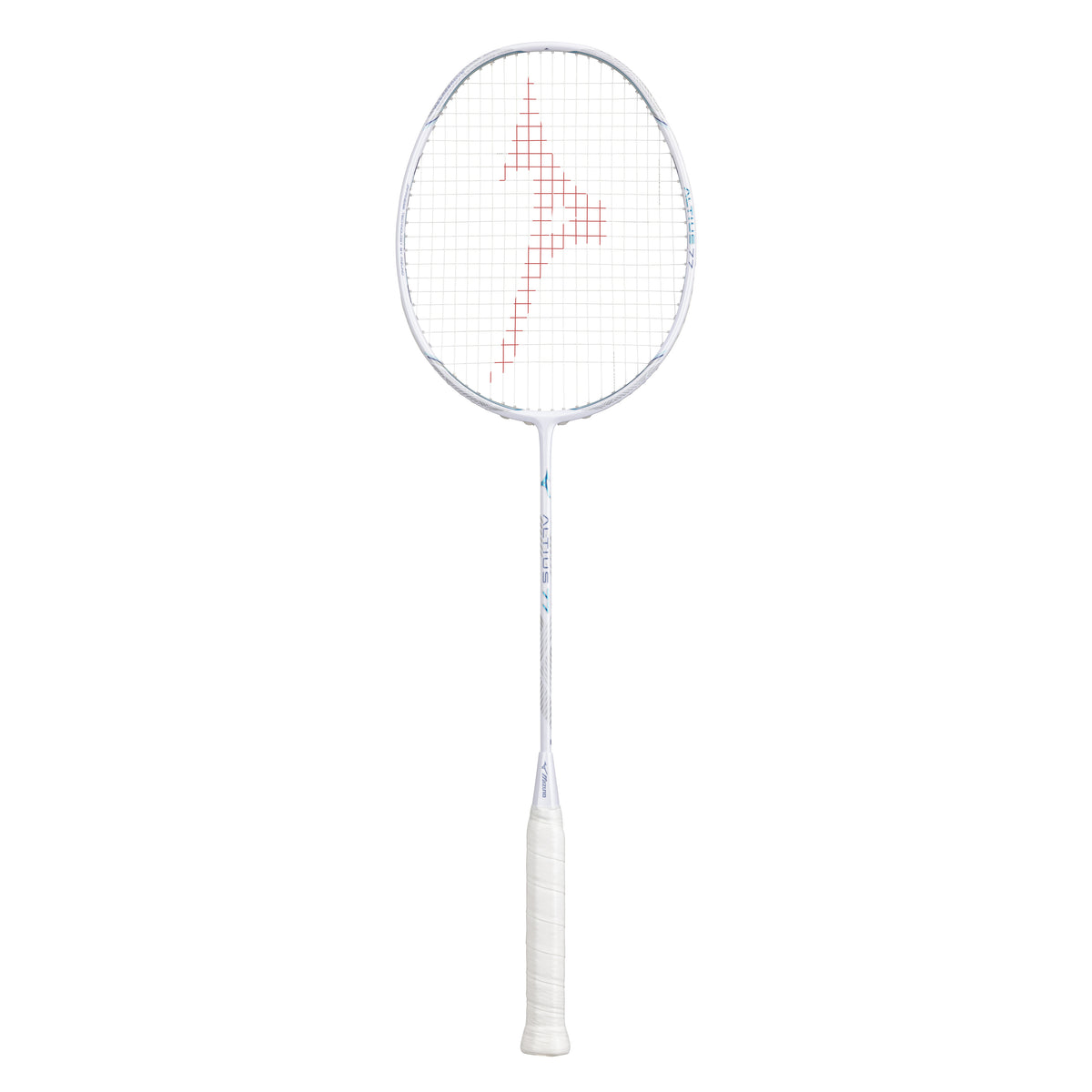 MIZUNO ALTIUS 77 White/Light Blue badminton racquet – full reverse view, strung display sample