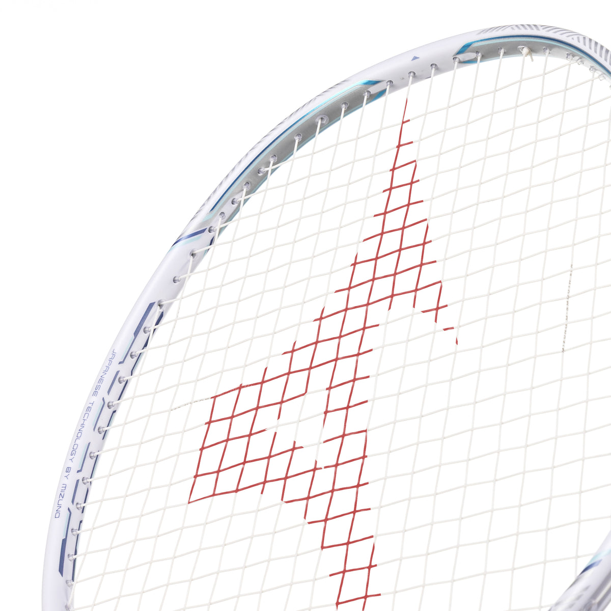 MIZUNO ALTIUS 77 White/Light Blue badminton racquet – top frame and grommet detail