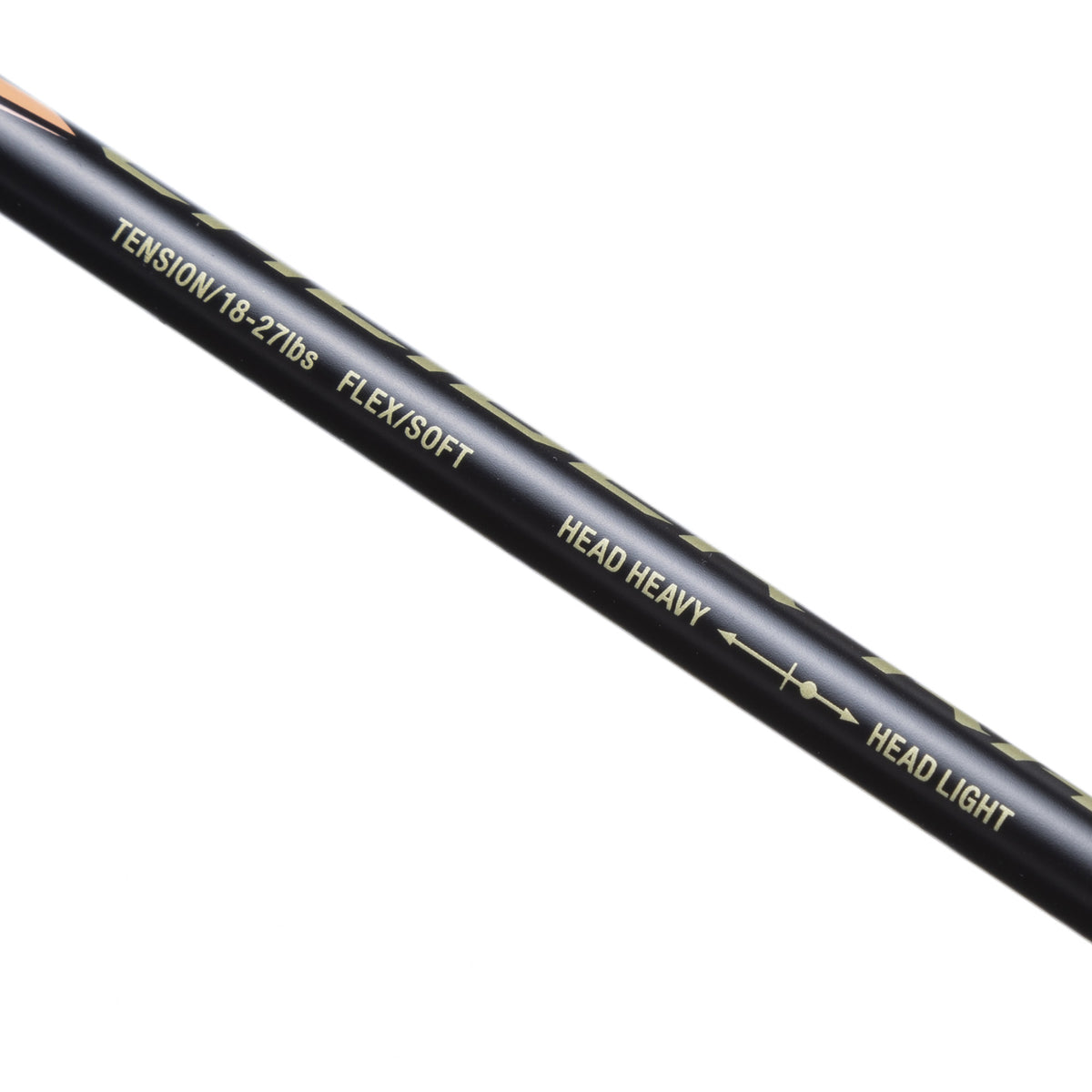 MIZUNO CALIBER RAISE Black/Gold badminton racquet - tension and flex markings