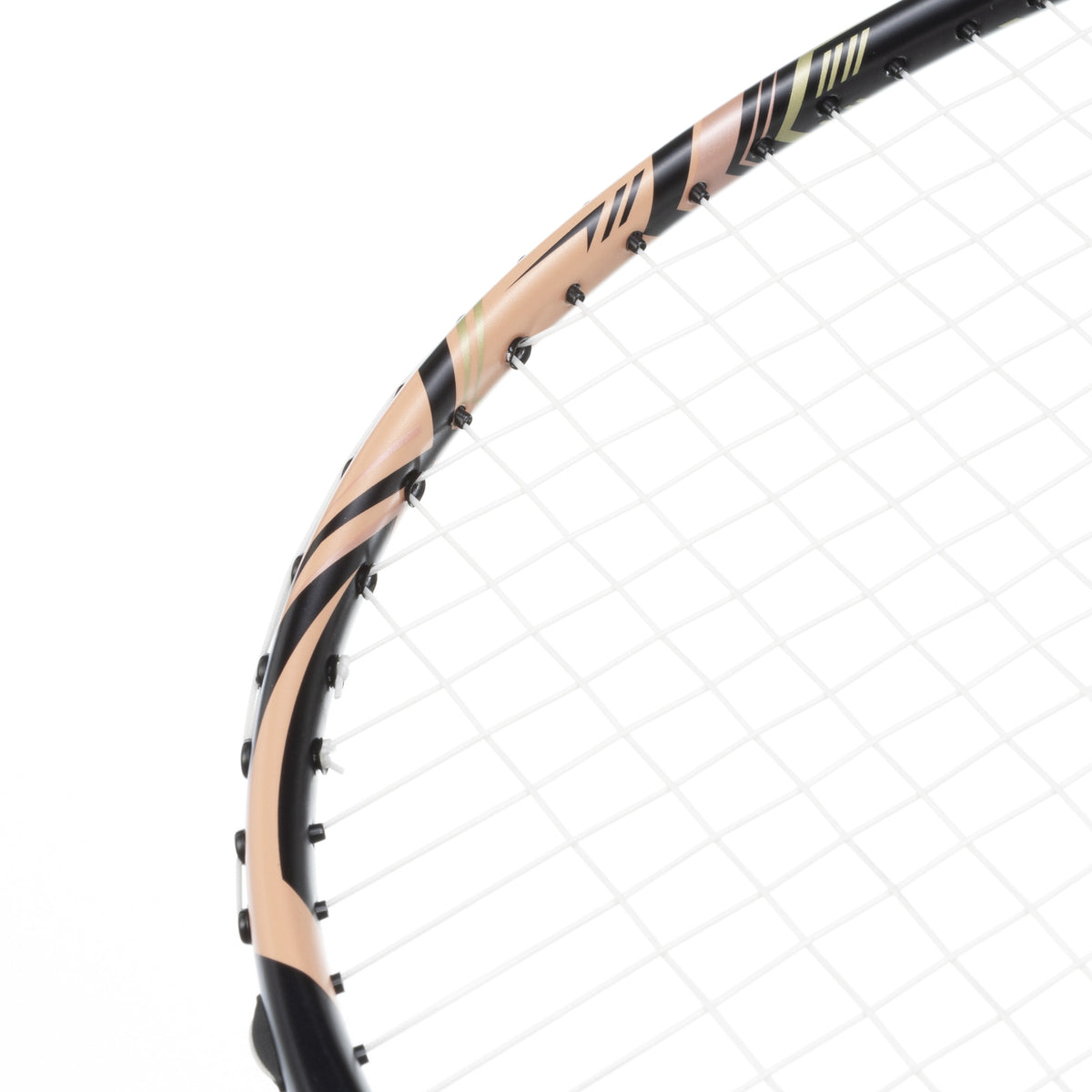 MIZUNO CALIBER RAISE Black/Gold badminton racquet - frame and string detail