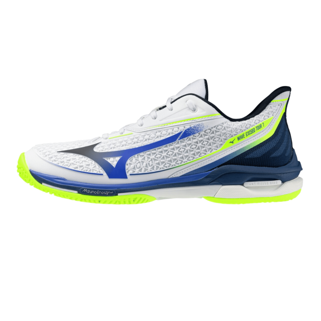 MIZUNO WAVE EXCEED TOUR 7 AC MEN'S Tennis Shoes - White/Dazzling Blue/Lightning Yellow - Gem Sports