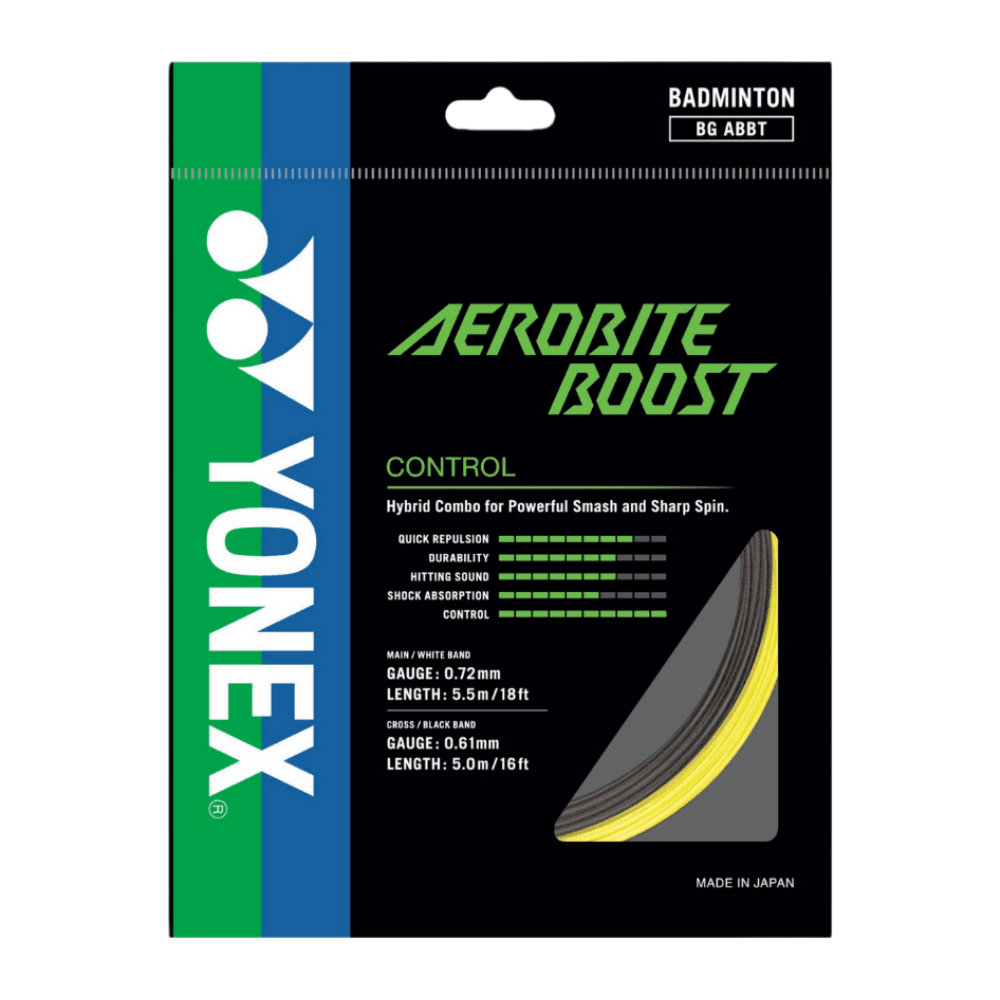 YONEX AEROBITE BOOST Badminton String Hybrid Set (1 Pack) - Dark Gray/Yellow - Gem Sports