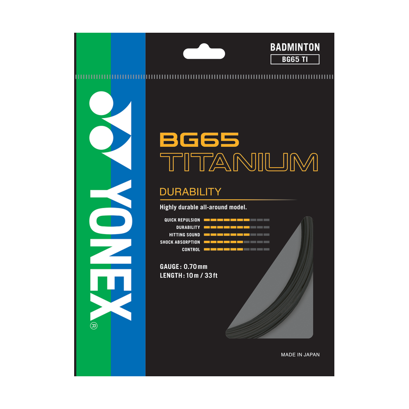 YONEX BG65 TITANIUM Black 10m badminton string set — pack