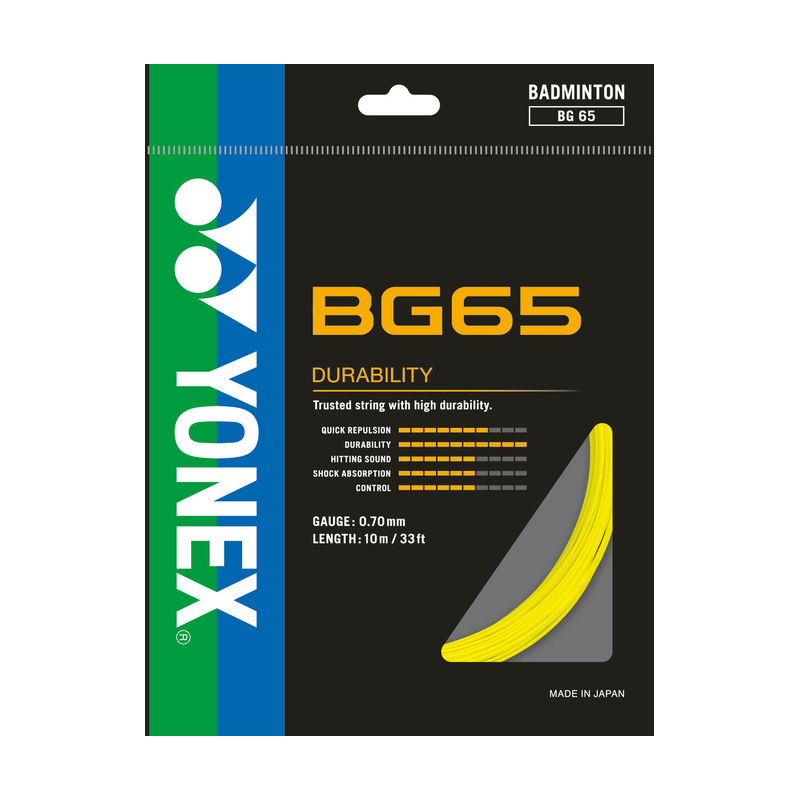 YONEX BG65 Yellow 10m badminton string set — pack