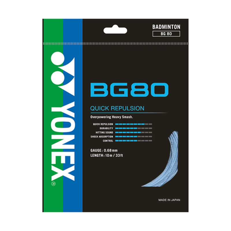 YONEX BG80 Sky Blue 10m badminton string set — pack